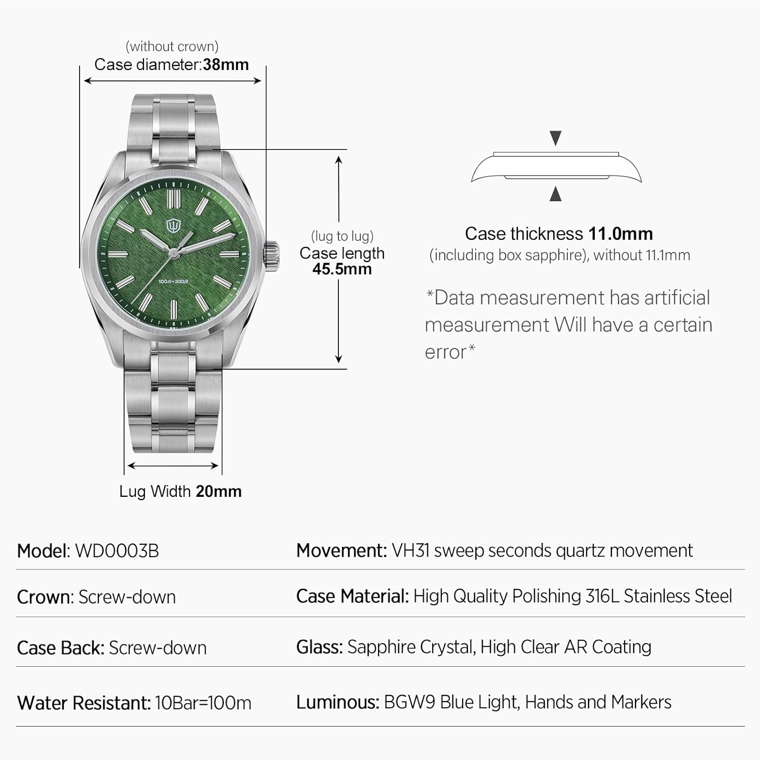 watchdives WD0003 Original Design Aventurine Men Watch VH31 Sweep Second Quartz Watch 36mm Sapphire Crystal Luxury Wristwatch 100m Waterproof