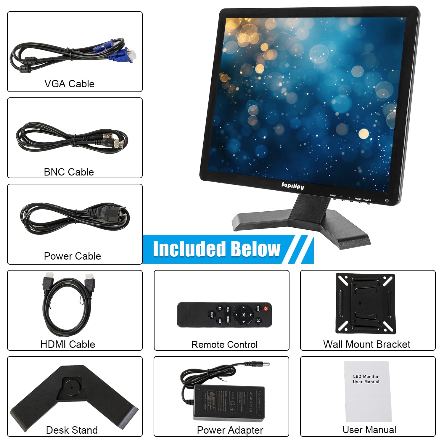 Monitor CCTV di sicurezza TFT LCD 15 pollici 1024x768 4:3 Schermo a colori HDMI/VGA/AV/BNC/MIC Porte USB Altoparlanti integrati