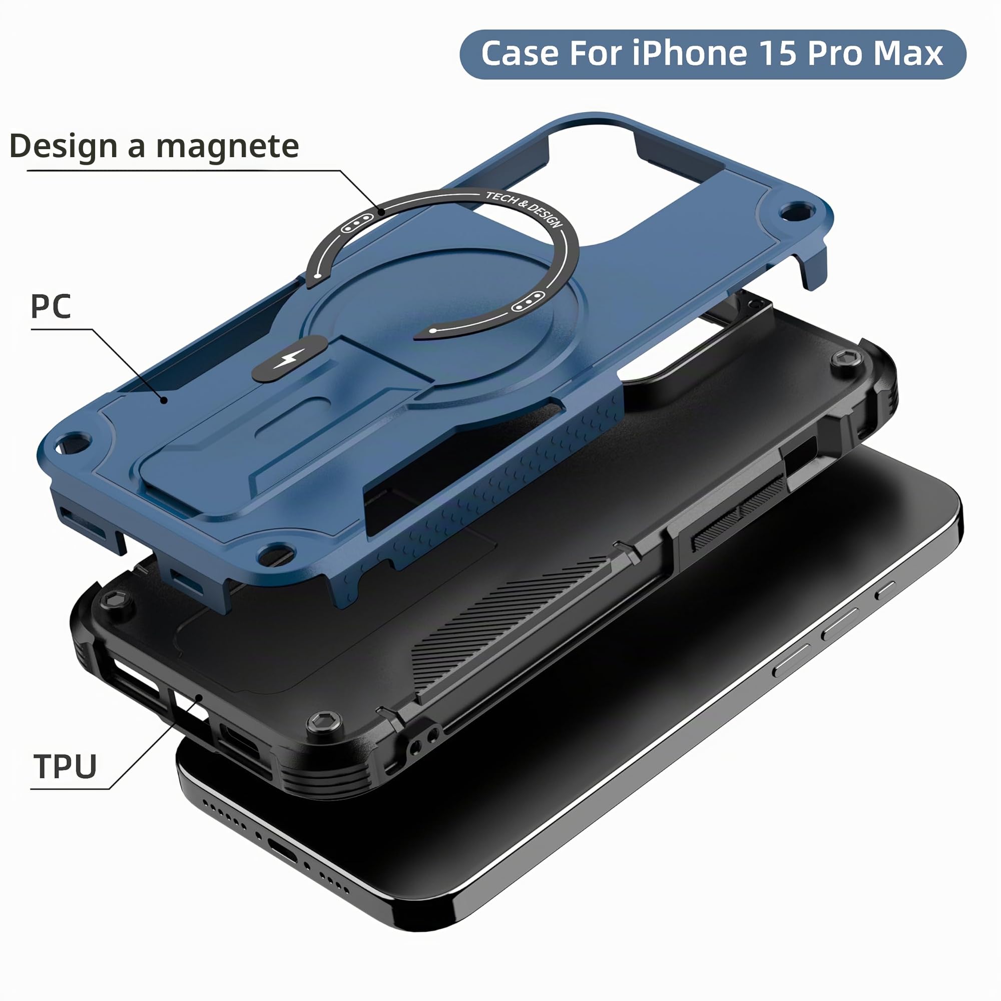 HCT STYLE Cover Magnetica Compatibile MagSafe per iPhone 15 Pro Max, Antiurto a Doppio Strato con Supporto Fisso, Case Ibrida Resistente con Angoli Rinforzati