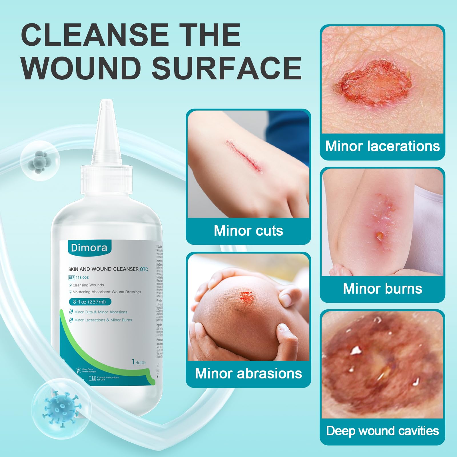 Dimora Skin and Wound Cleanser, OTC First Aid Antiseptic Cleanser,Moistening Absorbent Antibacterial Wound Dressings for Cuts, Abrasions, Lacerations, Burns, Skin Cleansing and Rinsing -8oz / 237mL