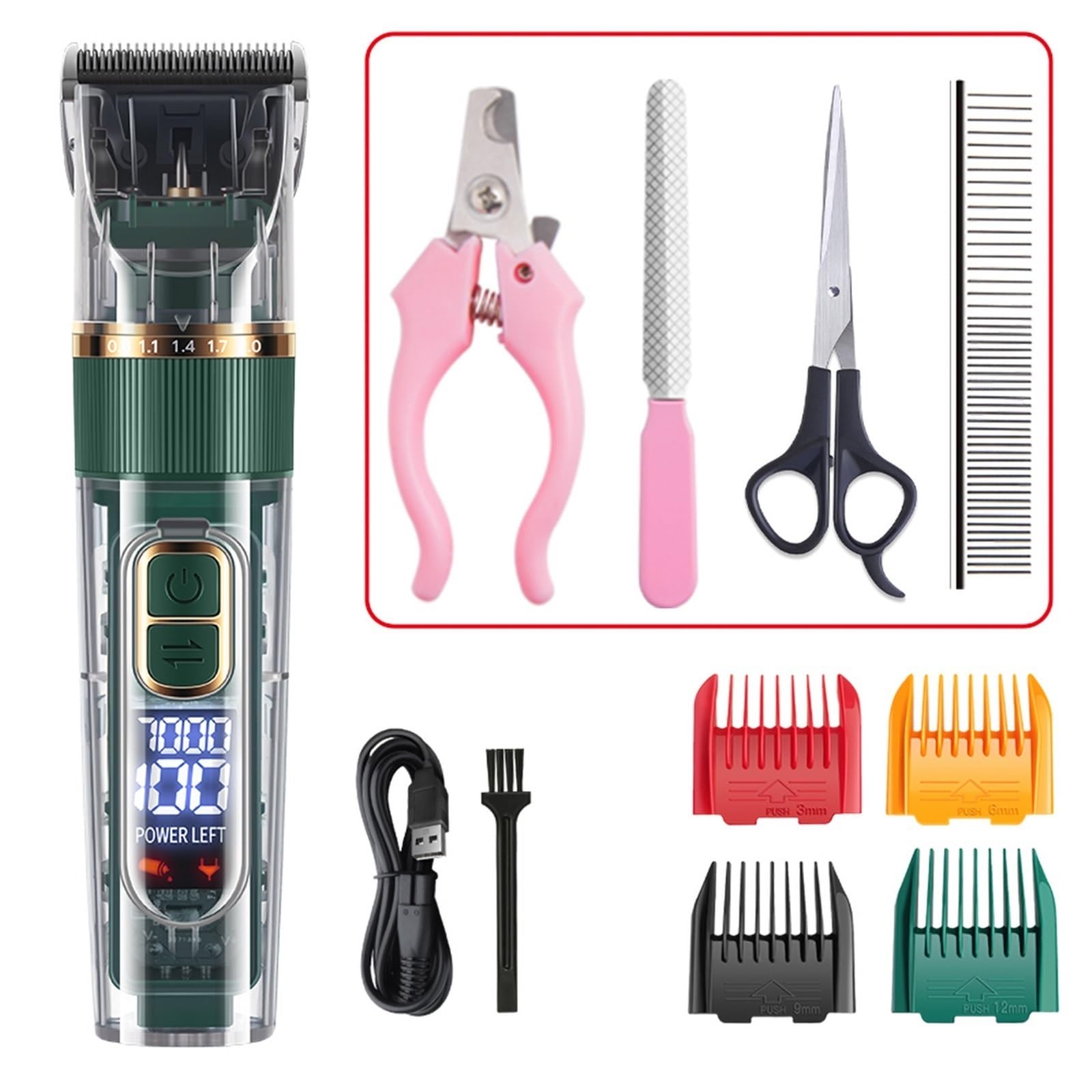 Tagliacapelli Professionale for Cani Tosatrici for Cani Toelettatura for Animali Domestici Gatti Cani Conigli Kit Rasoio Ricaricabile for tagliacapelli a Basso Rumore(Green 4 Accessories)