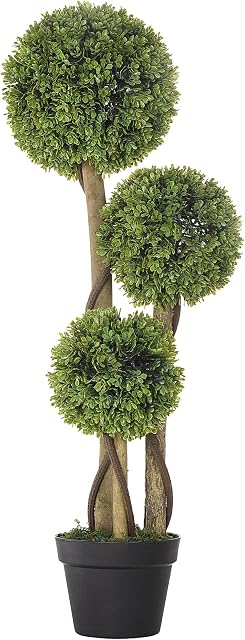 HOMCOM 3FT Artificial Boxwood Topiary Tree, Potted Fake Plant, Triple Ball Tree for Indoor and Outdoor, Light Green