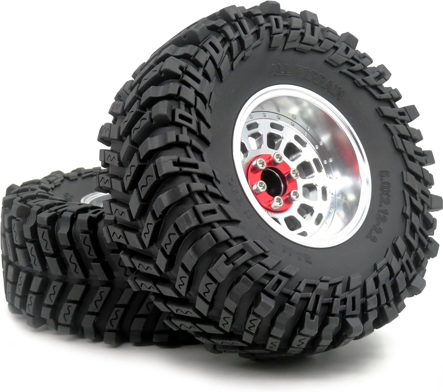 HOBBYSOUL RC 2.2 Beadlock Wheels and Tires, Tall 5.0''/127mm Tires 2.2 Tyres & Adjustable Offset 2.2 Wheels Rims Silver for RC Mud Crawler Trail Gen8 Everest 10 Axial Capra Wraith, (4-Pack)