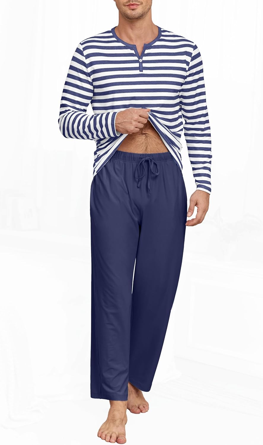 PrinStory Men's Pajamas Set Long Sleeve Pjs 2 Piece Comfy Pajama Sleepwear Henley Loungewear Sets with Pockets - Image 4