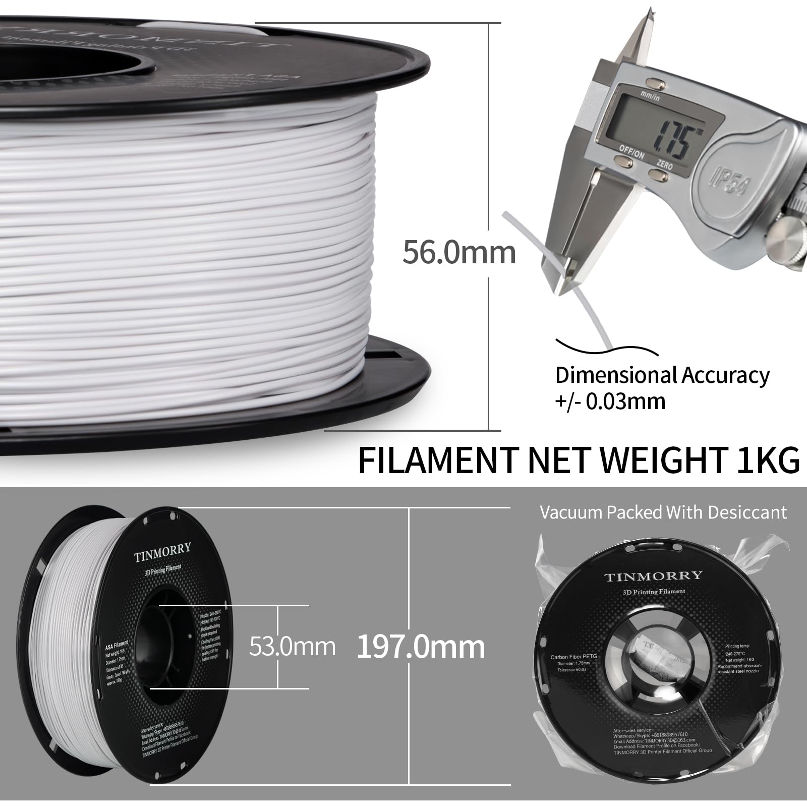 TINMORRY ASA Filamento 1.75 mm, Resistente ai raggi UV e al calore, durevole e resistente, Precisione dimensionale +/- 0.03 mm, Perfetto per la stampa di articoli da esterno, bobina da 1 kg, Bianco