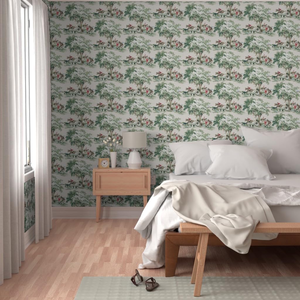 Peel & Stick Wallpaper 3ft x 2ft - Equestrian Toile Fox Hunting English Traditional Hunt Pony Horse Master Green Beige Red Custom Removable Wallpaper by Spoonflower