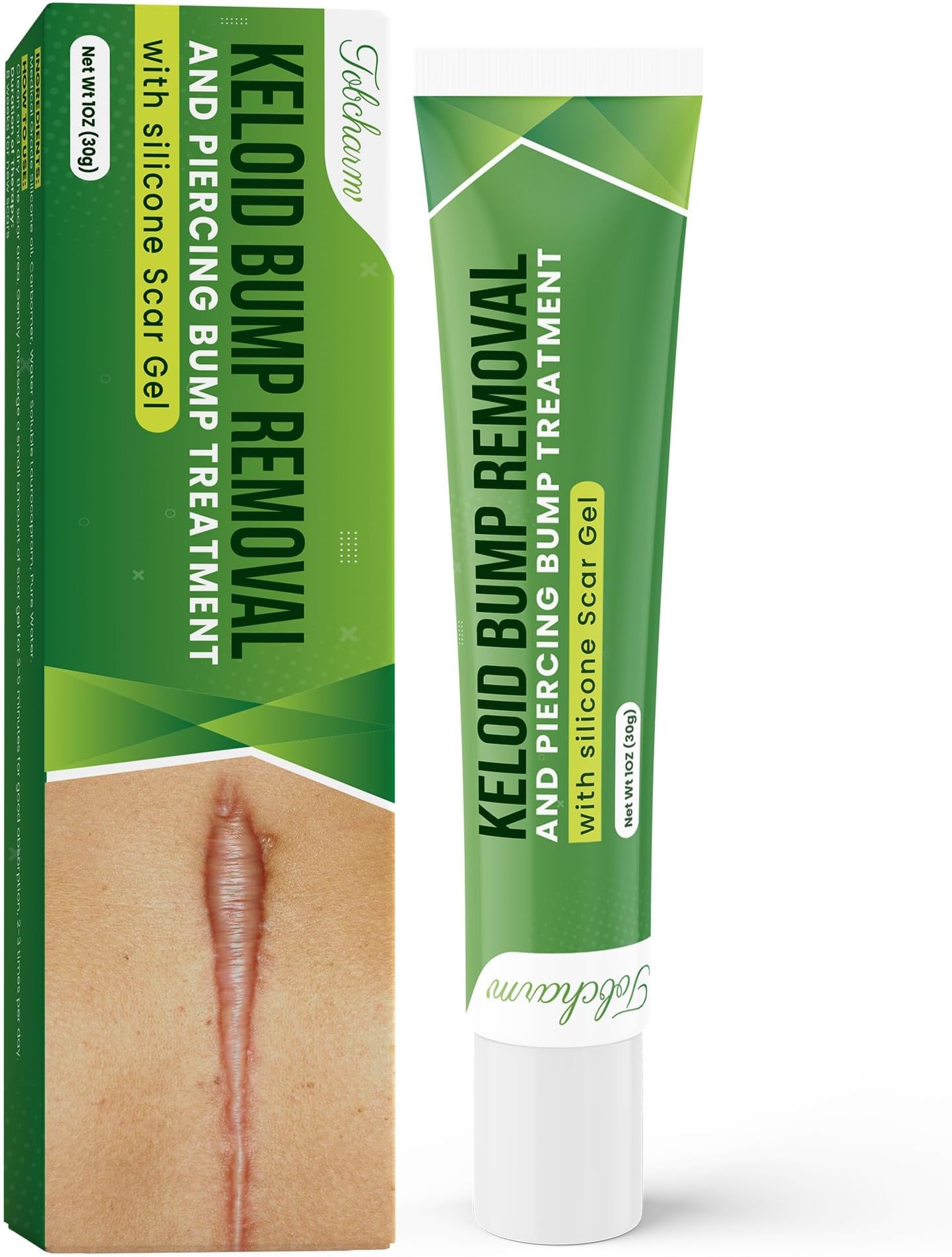 Tobcharm Keloid Scar Removal, Keloid Bump Removal for Scar Remover, Scar Removal Cream, Works for Acne Scar, Pimple Scar, Surgery Scar, Piercing Scar Treatment with 30g Silicone Scar Gel