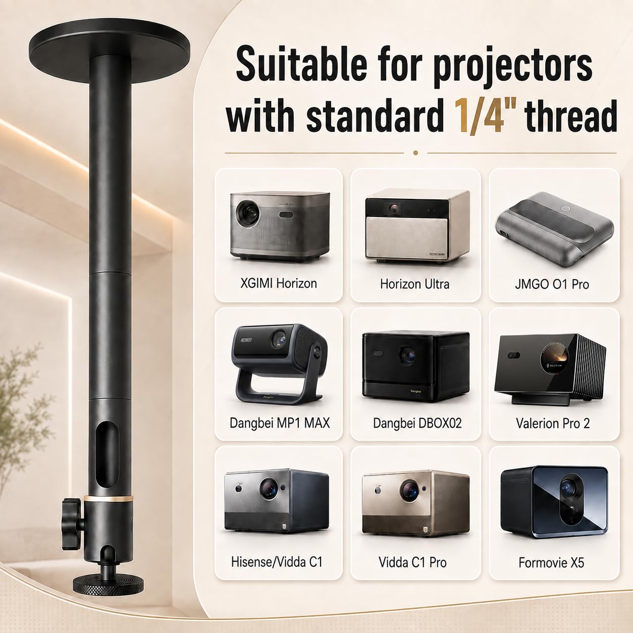 Soporte de techo y pared para proyector – Soporte universal, carga 10 kg, ajustable 15-45 cm, rosca 1/4", aluminio Al6063, rotación 360°, cable oculto