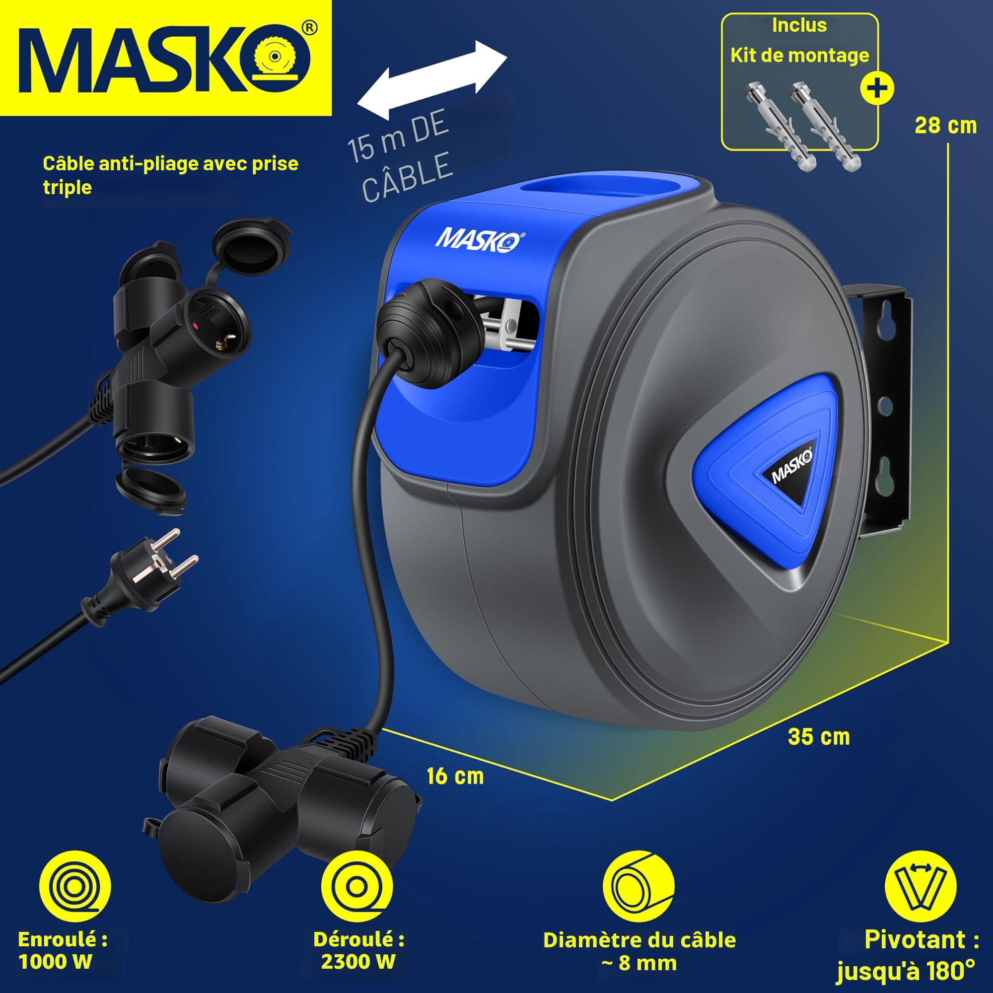 MASKO® Enrouleur de câble/tuyau automatique, 20 m, pour atelier, avec connecteur à 3 positions, rotatif à 180°, câble de 1,5 m, support mural, gants