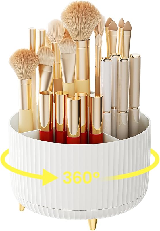 A-LuGei 【Elegant White】 5.9" Makeup Brush Holder Organizer, 【360° Rotating】 6 Slot Makeup Organizer Countertop, 【Minimalist Chic】 Vanity Organzier, Pen Holder for Desk Office Bathroom Desktop