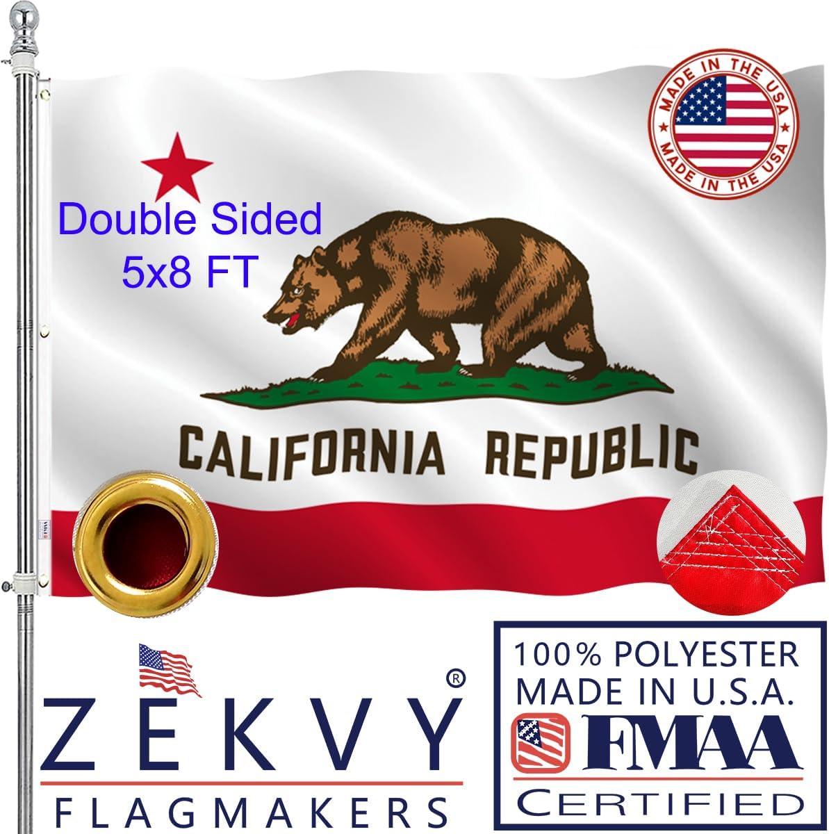 California Flag 3x5 Outdoor Made in USA - Double Sided Heavy Duty Vivid Color California Bear Flag with 2 Brass Grommet