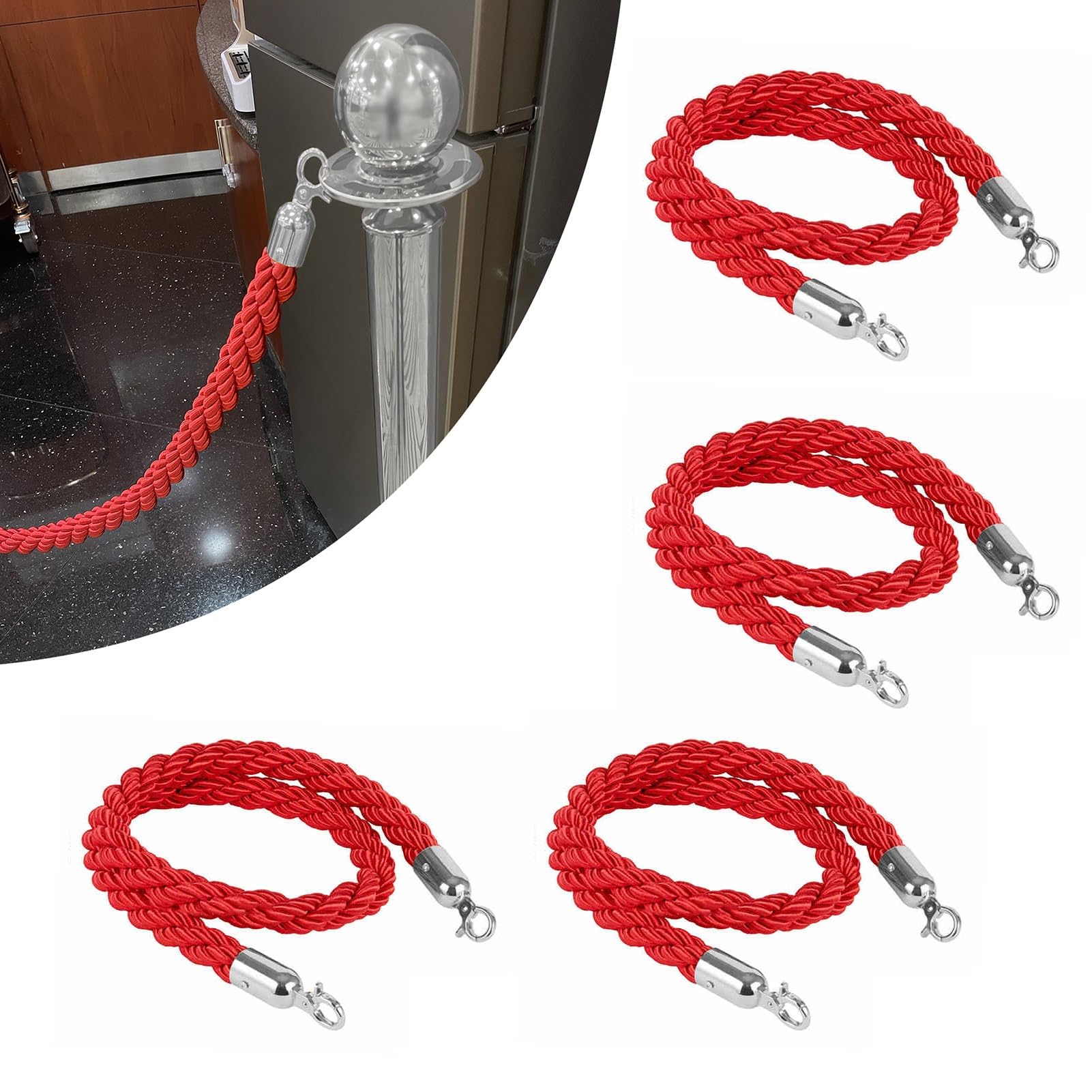 Rotes Absperrseil-Set (4er-Pack) – 1,4 m (4,6 Fuß) Robustes Seil mit silbernen Schlaufen – Geeignet für Veranstaltungen, Hochzeiten, Partys, Theater usw. – und Slish Securi Solut