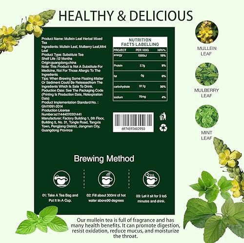 Miniatura 2 de Bolsas de té de gordolobo para pulmones  20 bolsitas de té (2.47 onzas70g), 100% hoja de gordolobo pura natural premium, hoja de menta, hoja de