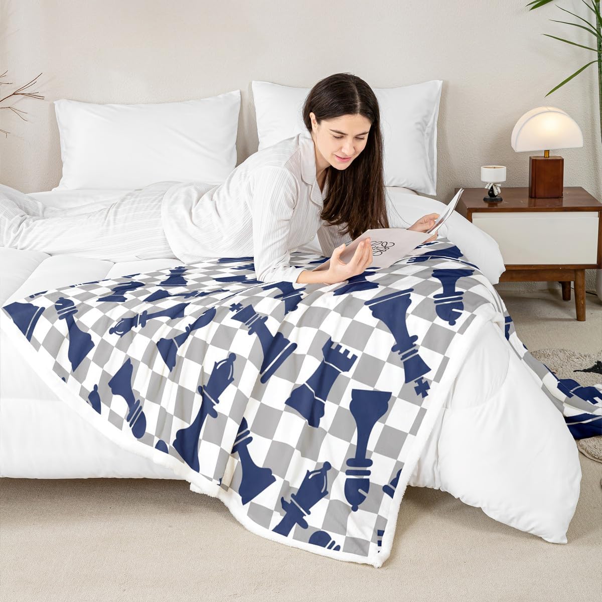 Erosebridal International Chess Sherpa Blanket Twin 60"X80",Chess Board Game Throw Blankets for Kids Boys Teens Adults,Blue Chess Piece Plush Blanket,Grey White Checkerboard Fleece Blanket
