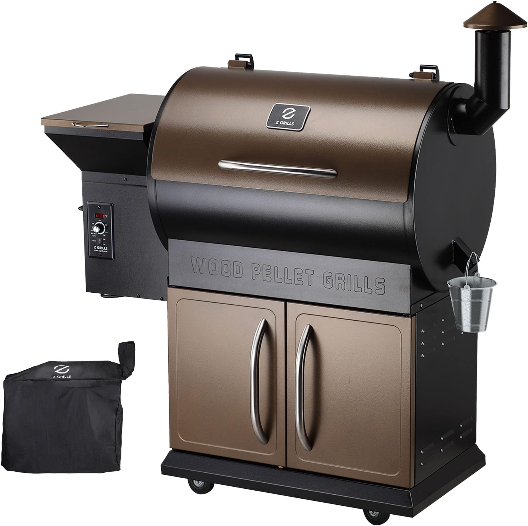 Z GRILLS Wood Pellet Grill & Smoker with Upgraded Cart, 700 sq. in, Grill Master Essential 8-1 bbq grill- Grill, smoke, bake, roast, sear, braise, barbeque or char-grill (Black and Bronze)