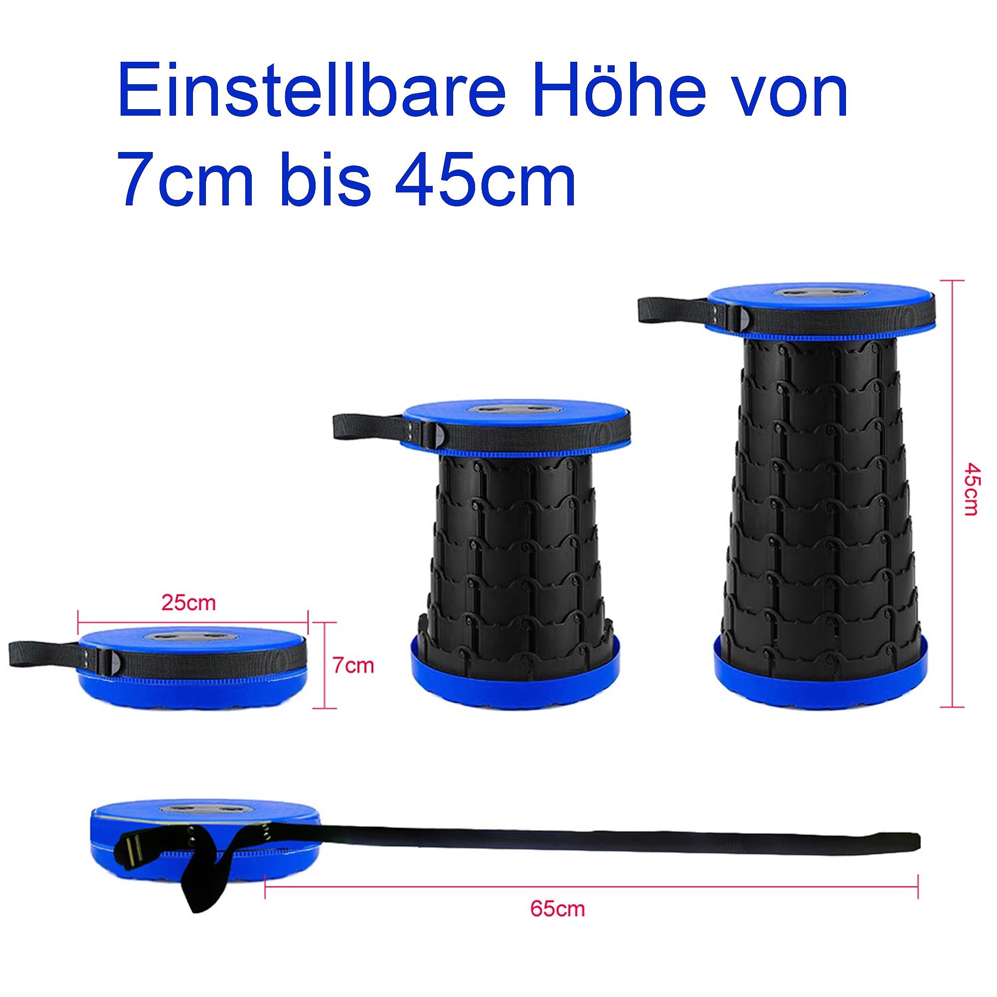 ENVA Tragbarer Teleskophocker blau ausziehbarer Klapphocker Leichter & Stabiler Falthocker mit Trageschlinge höhenverstellbarer Hocker für Werkstatt, Camping & andere Outdoor-Akitvitäten