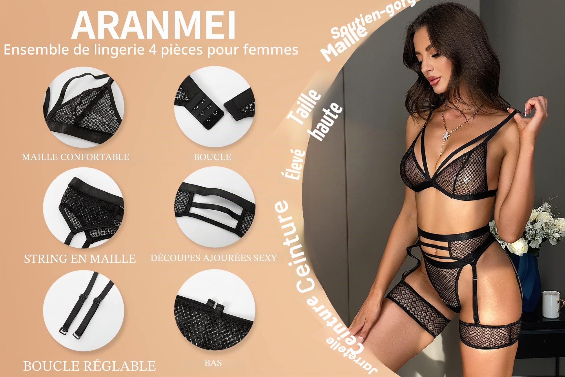 Aranmei Femme Ensemble de Lingerie Sexy 4 Pièces avec Porte-Jarretelles et Porte-Jarretelles en Maille, Soutien-Gorge et Culotte Taille Haute en Dentelle