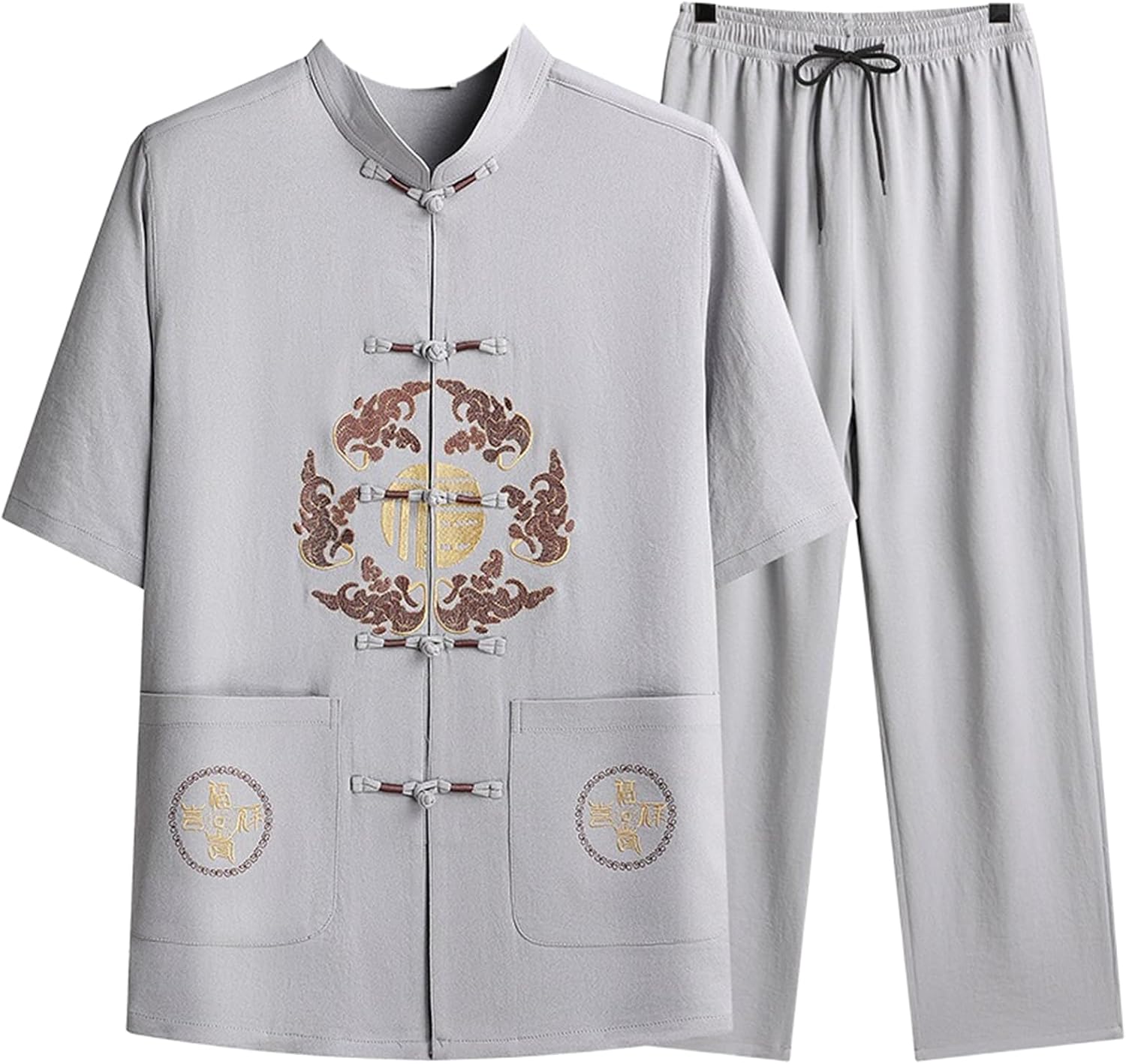Men's Chinese Tang Suit 2 Piece Set Summer Short Sleeve Loose Retro Outfit for Middle Aged Men