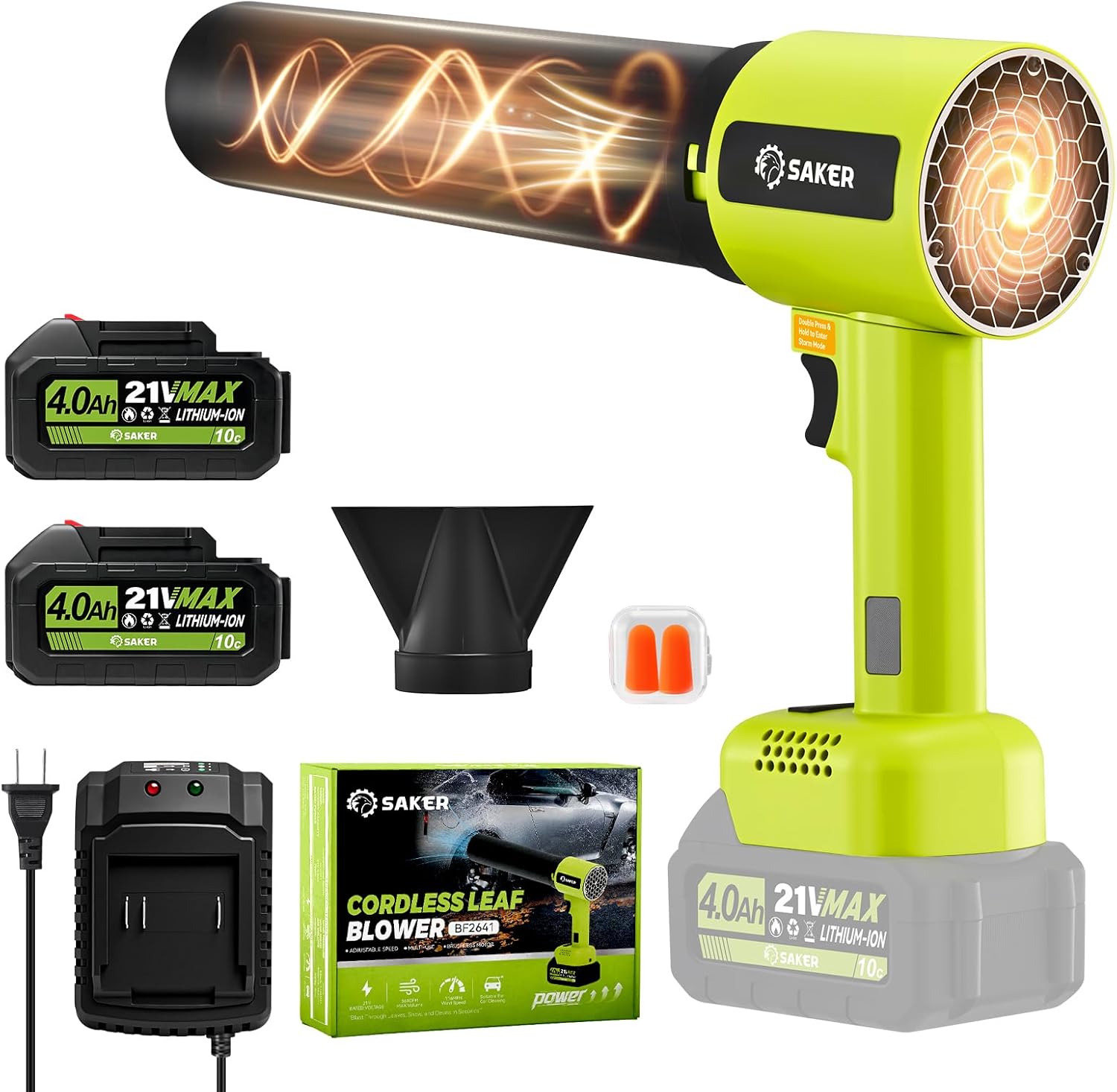 Saker Cordless Leaf Blower Portable Dust Cleaner Handheld Blower Adjustable Speed with Extended Nozzle for Drying,Patio Cleaning, Blowing Leaves,Water,Dust 2 X 4.0Ah Batteries BF2641