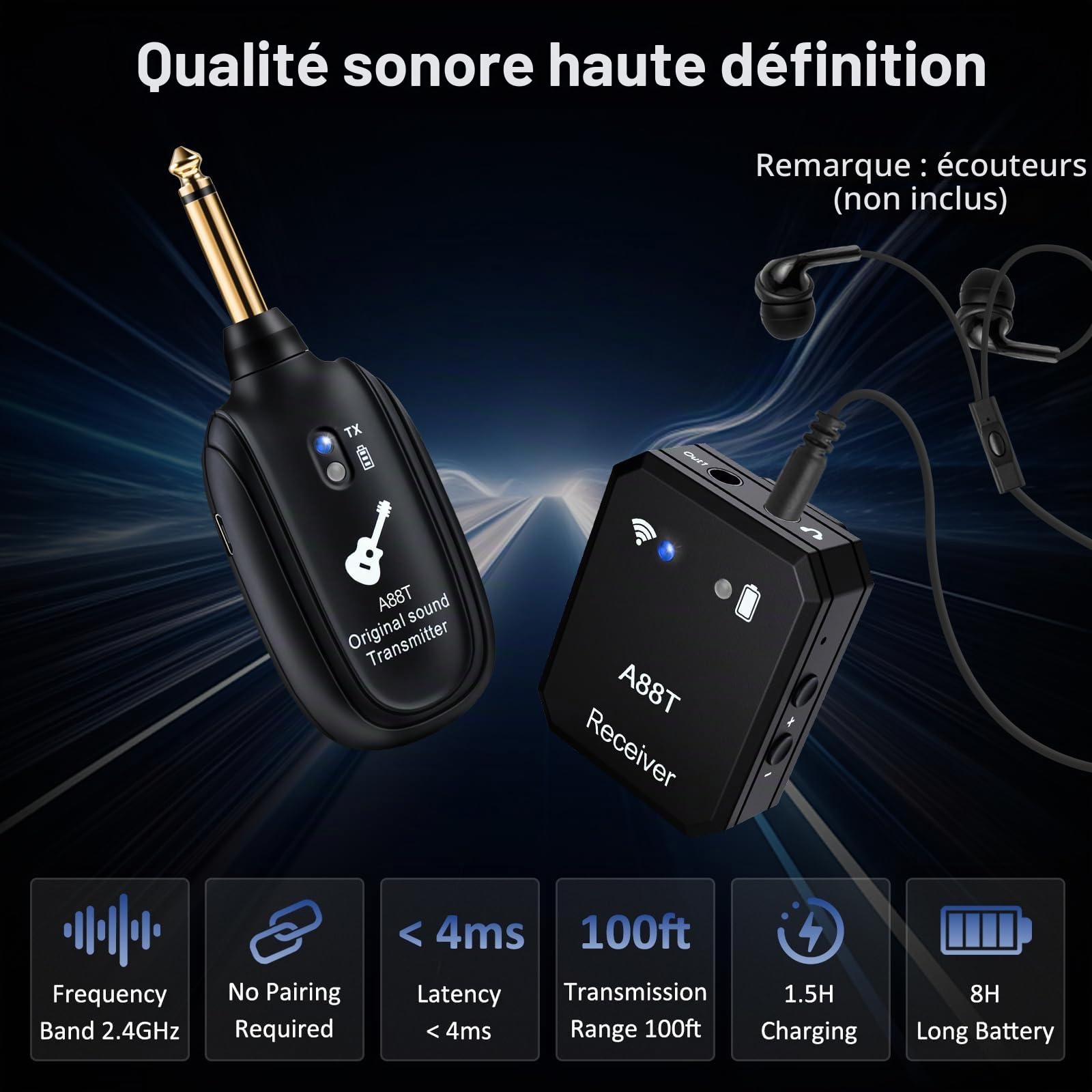 Système sans fil intra-auriculaire 2.4GHz Système IEM sans fil avec émetteur, récepteur à clip auto-appairage pour le monitoring intra-auriculaire pour studio, guitare, DJ, performance live