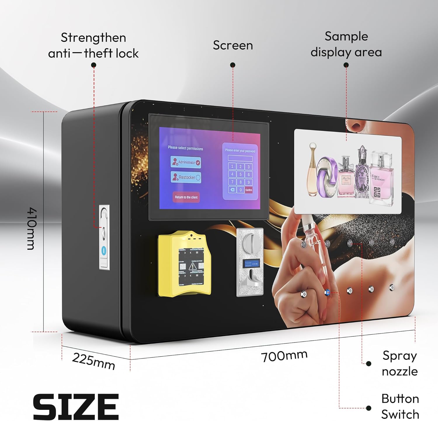Perfume Vending Machine Coin Operated & Credit Card Payment, Touch Screen Fragrance Dispenser with Automatic Spray Nozzle & Push Button - Commercial Scent Machine for Hotels,Malls,nightclub,Restrooms