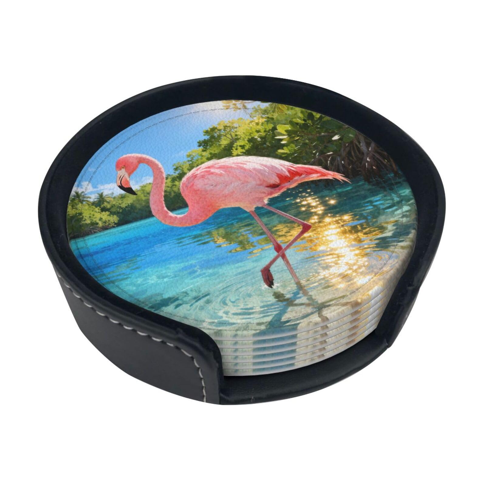 Flamingos in the forest Leather Coasters-Set of 6 with Storage Holder