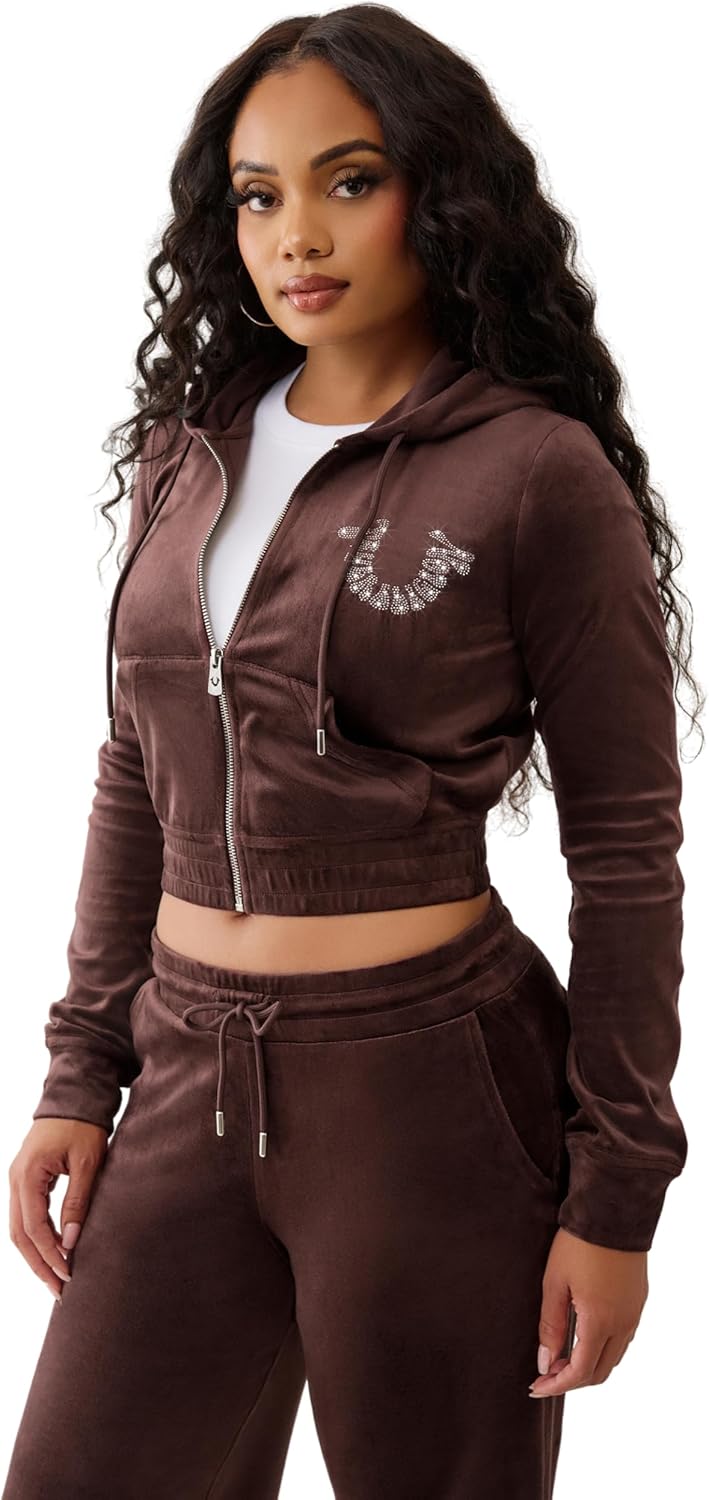 True Religion Women’s Branded Crystal Velour Zip Hoodie – Full‑Zip Plush Sweatshirt - Image 3
