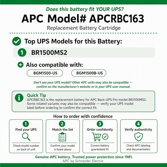 APC Replacement Battery for BackUPS Pro Model BR1500MS2, Genuine Battery Model APCRBC163