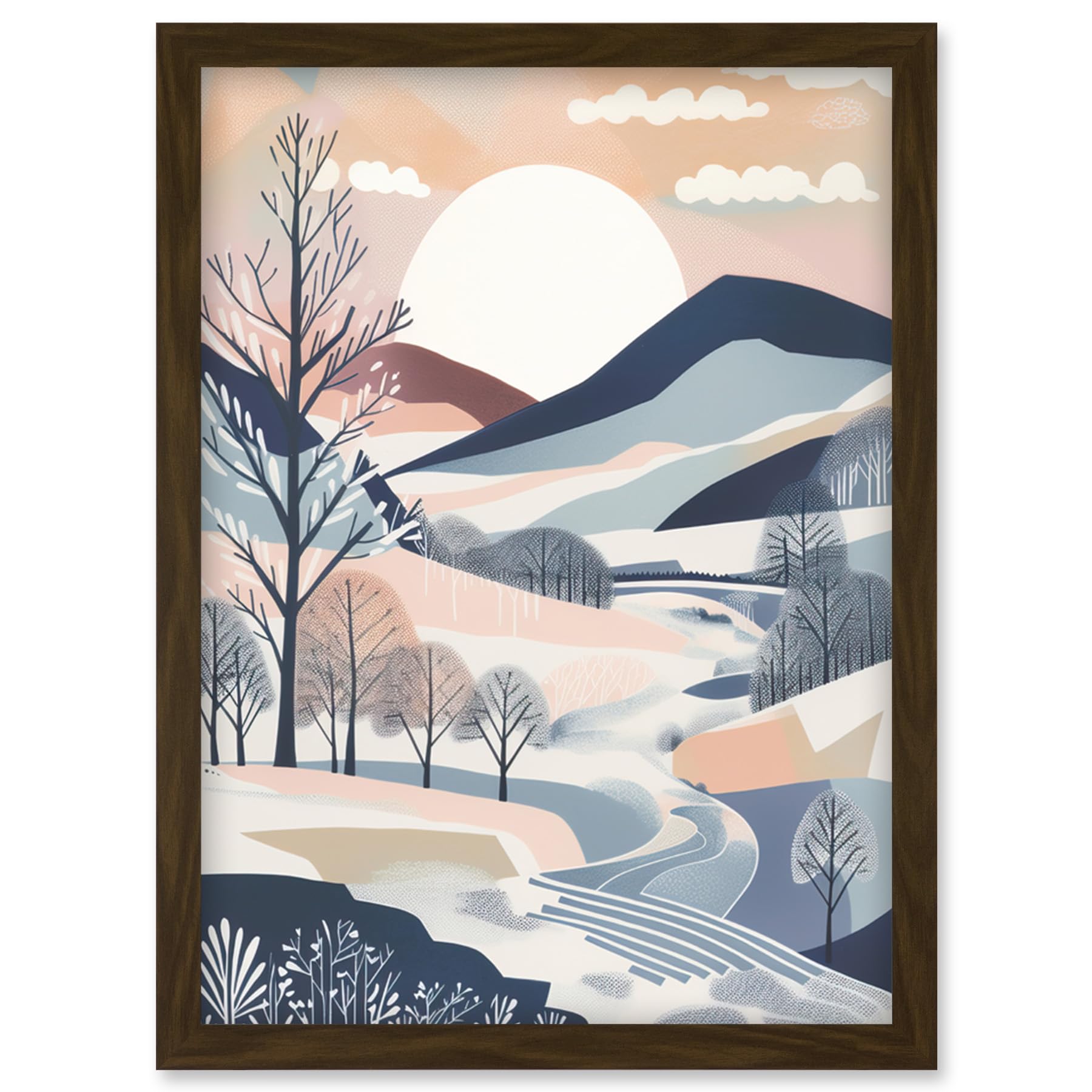 Artery8 Countryside Path in Boho Hill Winter Landscape Artwork Framed Wall Art Print A4