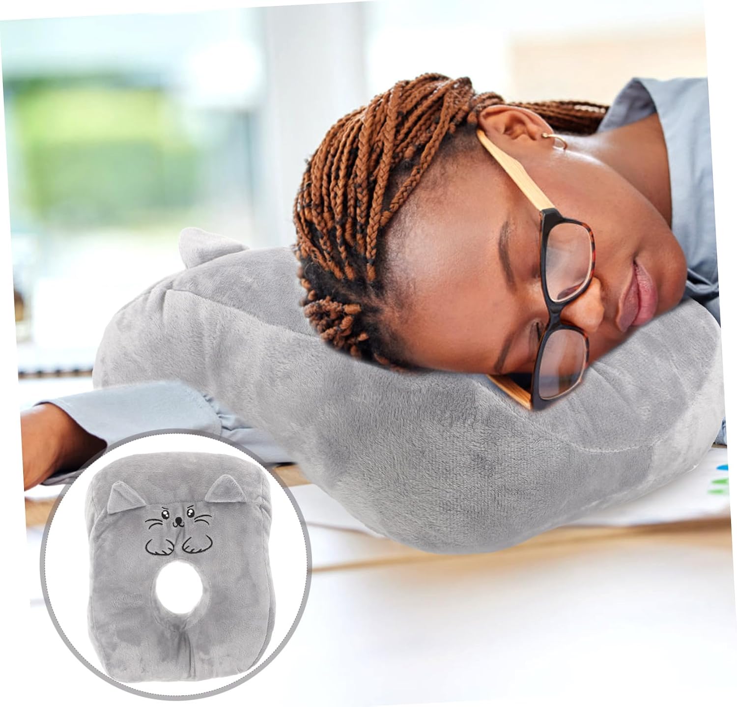 VICASKY Cartoon Face Down Nap Pillow Desktop Cushion for Sleeping Breathable Down Cotton Filled Support for School Travel Home Use Gray Cat Design