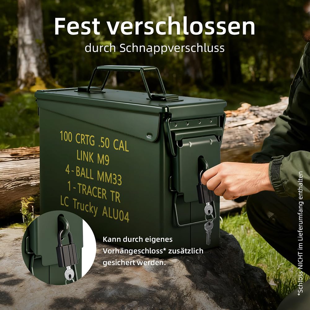 Trucky Munitionsbox Ammo Box 28x10x18 cm Metallkiste Munitionskiste Metallbox Aufbewahrungsbox mit Deckel Army Grün Metall - 5
