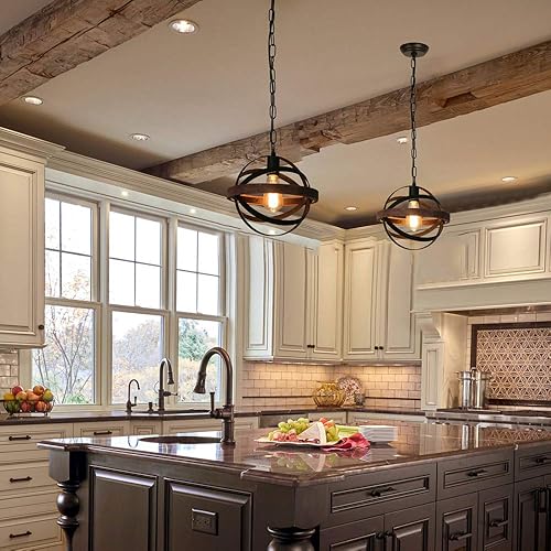 Miniatura 4 de Giluta Lámpara colgante de metal industrial de óxido con pantalla de vidrio semillado, lámpara colgante de granja de madera blanca para entrada,