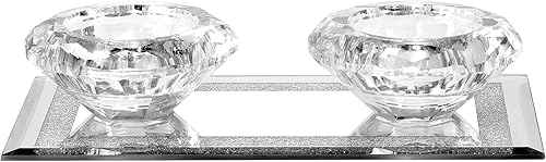 Miniatura 3 de Portavelas de cristal Juego de 2 portavelas de té unidos a una bandeja de espejo de cristal Centro de mesa decorativo para velas de té y velas