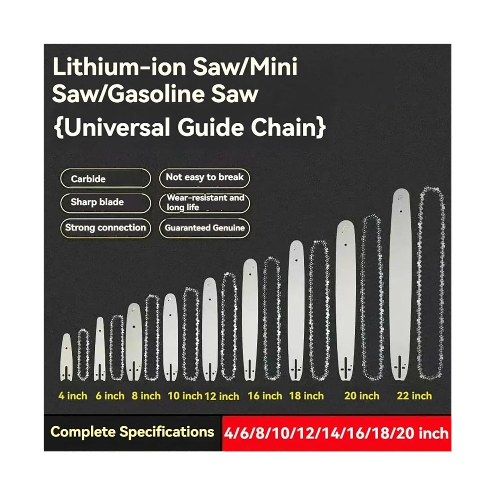 Hoja de Sierra de Cadena de 4/6/8 Pulgadas, 1/4" LP, 3/8" LP, Paso de 0,325", Calibre de 0,043"/0,050"/0,058", Motosierra eléctrica a Gasolina