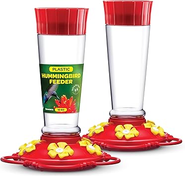 Hummingbird Feeder 10 oz [Set of 2] Plastic Feeders for Outdoors, with Built-in Ant Guard - Circular Perch with 5 Feeding Ports - Wide Mouth for Easy Filling/2 Part Base for Easy Cleaning