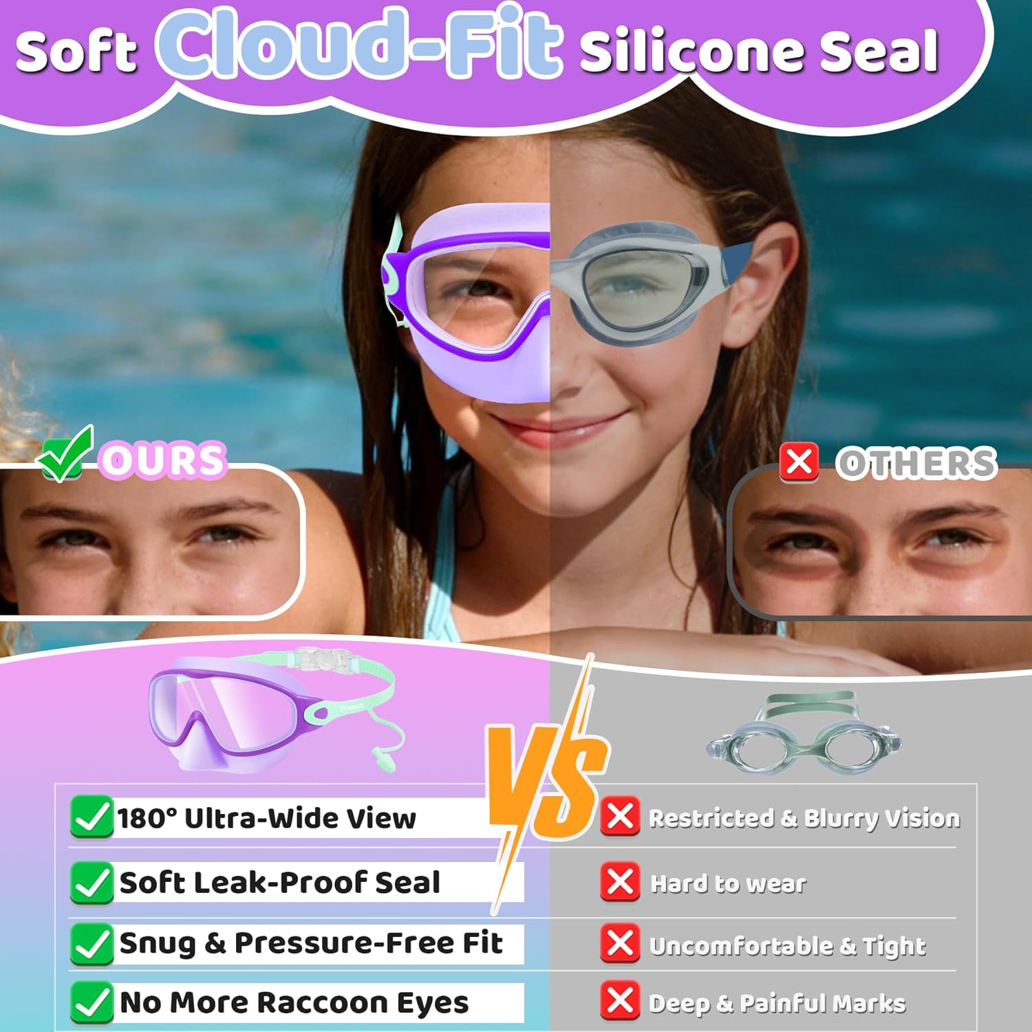 Vvinca Kids Swim Goggles with Nose Cover & Attached Earplugs, Anti-Fog Wide View Swimming Goggles for Boys Girls 3-12