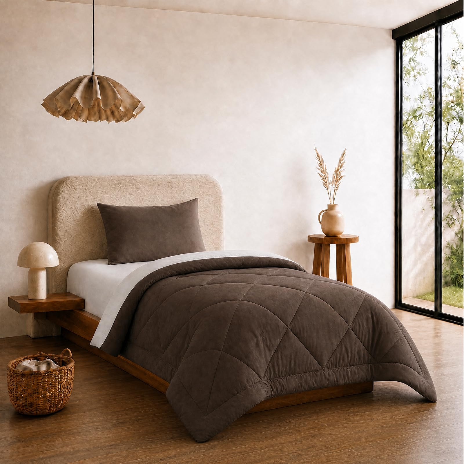 VelvetMis Coverless Duvet Single 10.5 Tog - 135x 200cm, Brown And Light Grey Quilt, Reversible Comforter with Pillowcase — image 1