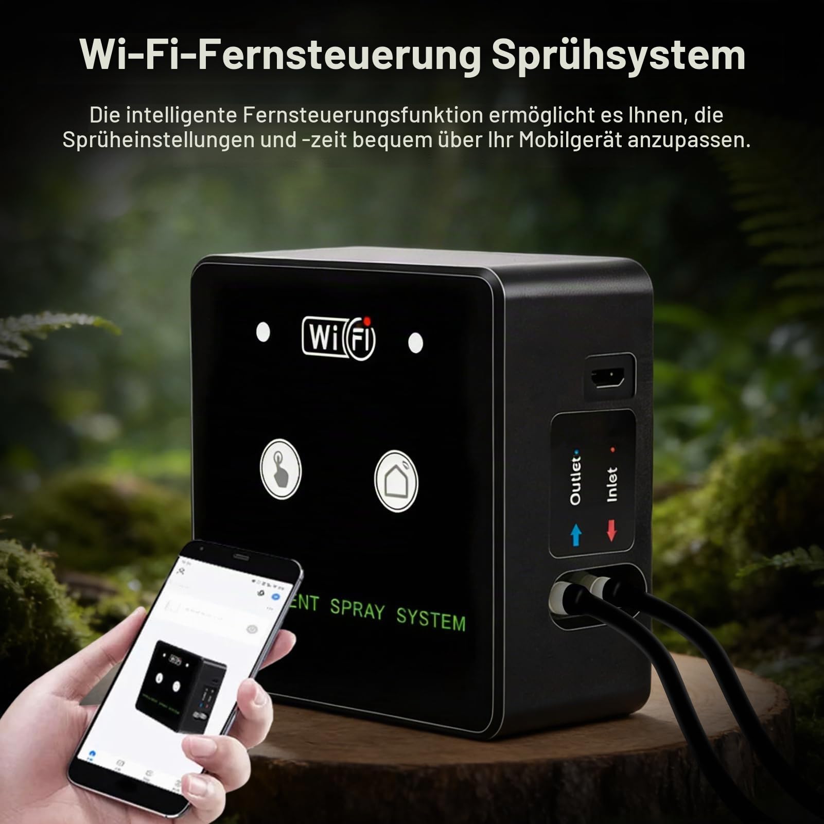 Intelligentes Nebelsystem, intelligentes 360° drehbares Terrarium-Sprühgerät mit WiFi und zeitgesteuerter Nebelkontrolle, intelligentes Terrarium-Nebelsystem (4 Düsen)
