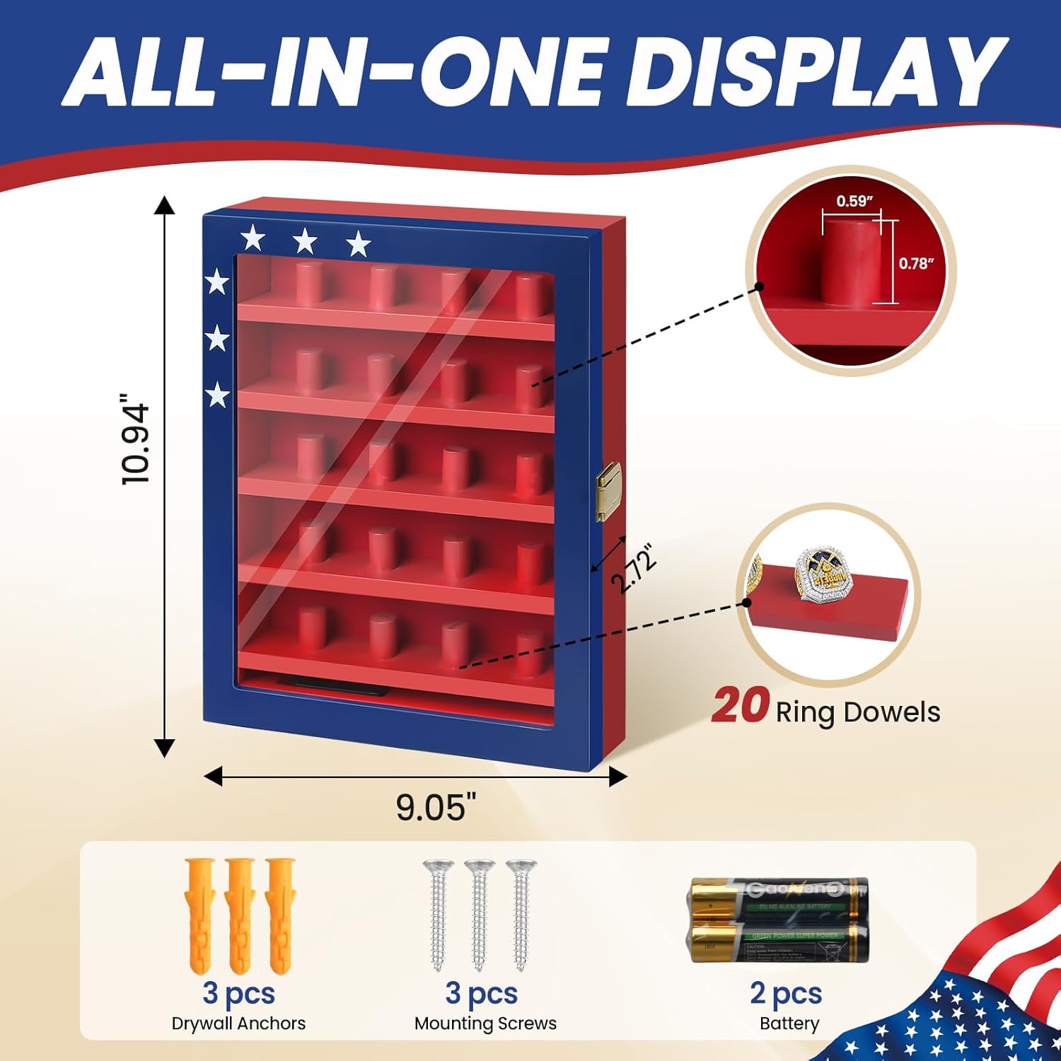 Championship Ring Display Case - 20 Ring Posts Baseball Ring Holder, Softball Ring Display Case with LED Light, Wall Mount Wooden Shadow Box for Display Sports Champion Rings - Red & Blue