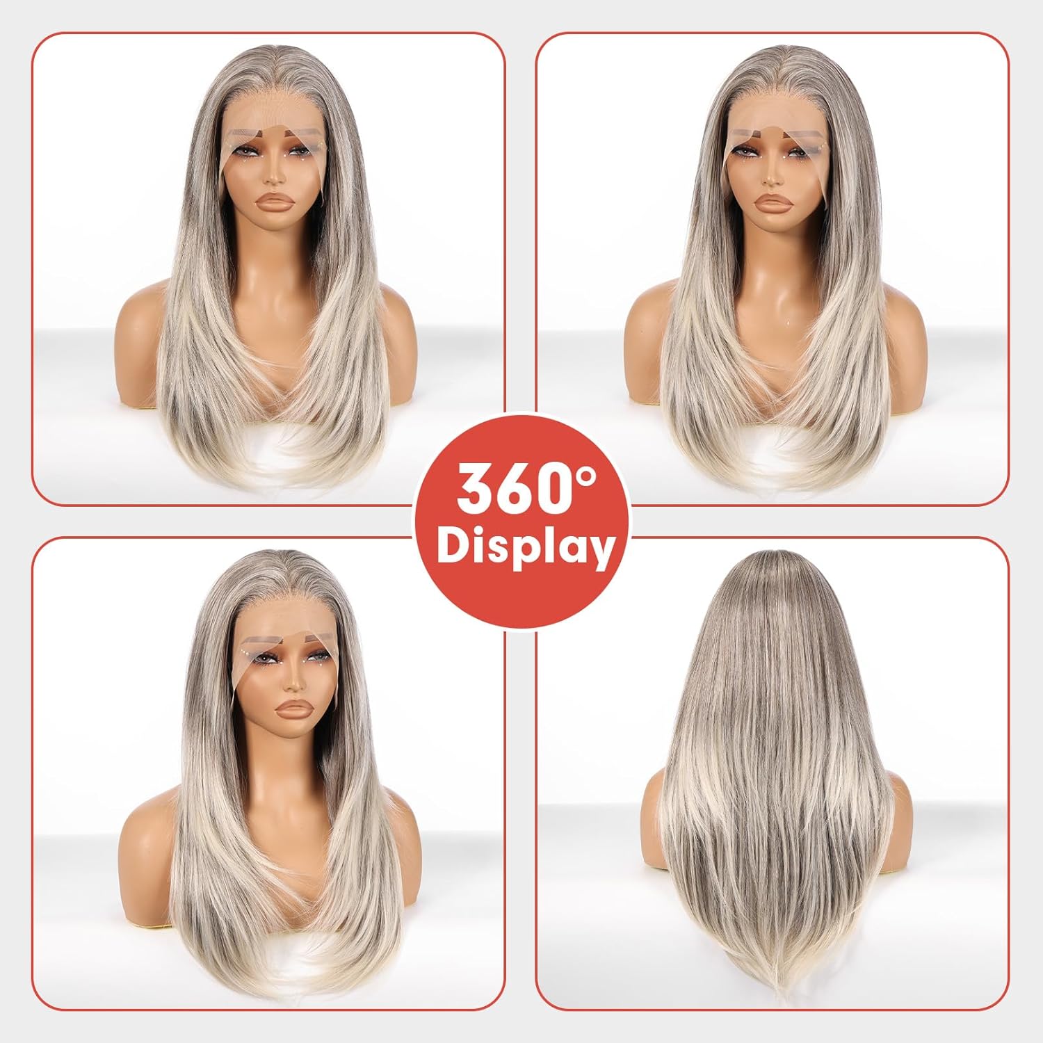 Allbell 13x6 Highlight Gray Lace Front Wig for Women 22 Inch Long Straight Layered Wig,Glueless Synthetic HD Lace Wigs for Daily Party Use