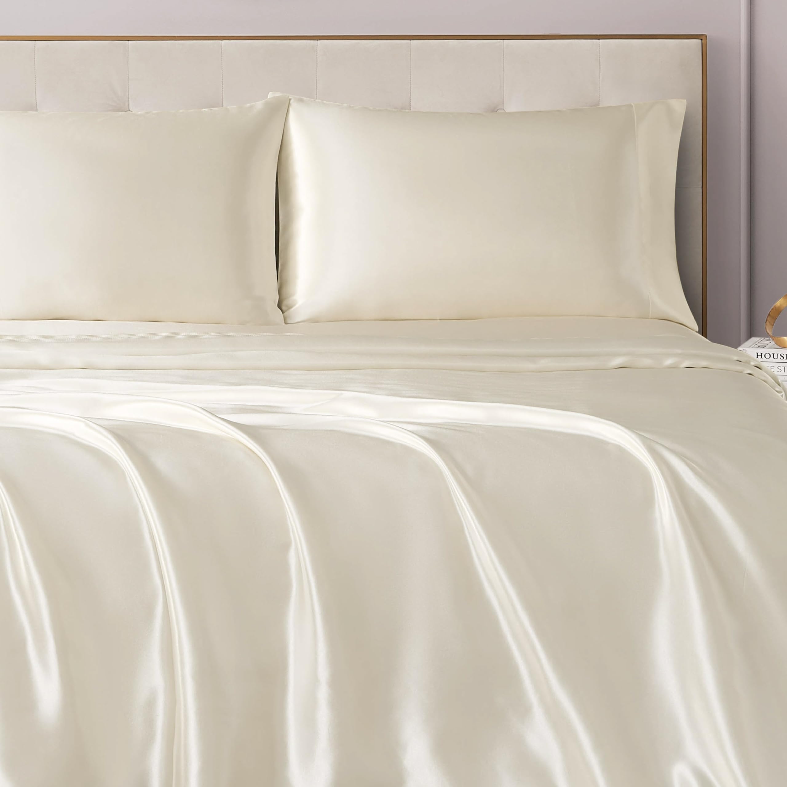 Juicy Couture Full Size Satin Bed Sheet Set, Deep Pocket Silky Full Sheet Set with 1 Fitted Sheet, 1 Flat Sheet and 2 Pillow Case, Wrinkle Resistant and Anti Pilling Bed Sheets - Ivory