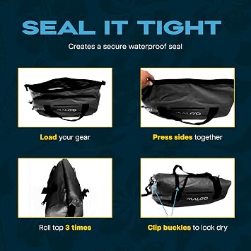 Maloo Waterproof Dry Duffel, Heavy-Duty Roll Top Waterproof Gear Bag with Shoulder Strap & Molle Loops, Marine Duffel for Kayaking, Boating, Camping, Beach & Travel, Black, 60L