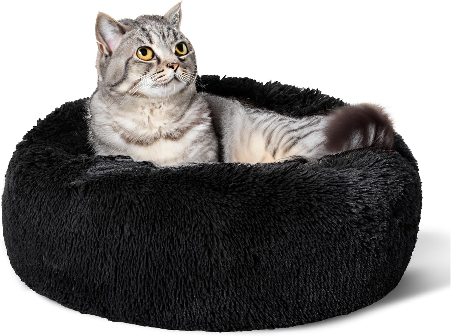 SEOUGEE Calming Donut Cat Bed, Fluffy Plush Round Dog Bed, Cosy Soft Washable Cushion Warming Pet Beds with Non-Slip Bottom, Indoor Sleeping Cuddler Nest for Cats Puppy Kitten (Black 40cm)