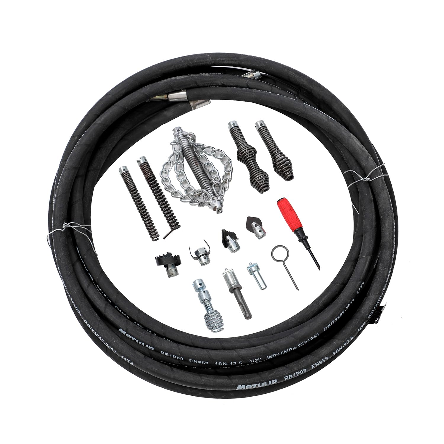 KATSU Tools Blockage Removal Kit 10mm x 10M, Drain Cleaning Cable Drill Attachments, Multi Descaling Cutters and Drain Chain, for Sink, Toilet, Drain Unblocking 318724