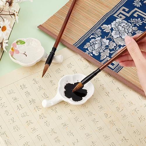 Miniatura 8 de PH PandaHall Plato de tinta para plantas, placa de tinta de porcelana con mango para caligrafía china, soporte para pincel, forma de flor, plato de