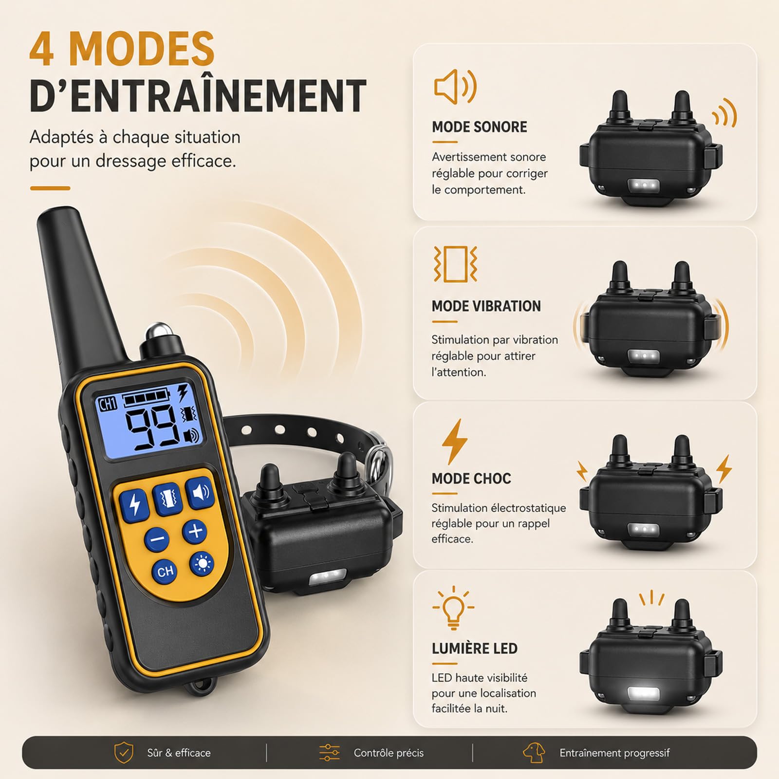 Collier de Dressage pour Chien - 4 Modes d'entraînement - Niveaux réglables 99 - Portée de 800 m - IPX67 Résistant à L’Eau - Convient à Toutes Les Races de Chiens