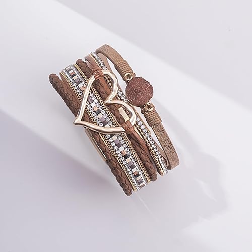 Miniatura 7 de FANCY SHINY Pulseras de cuero con forma de corazón, apilables, bohemias, pulseras de diamantes de imitación de resina de moda con cierre magnético
