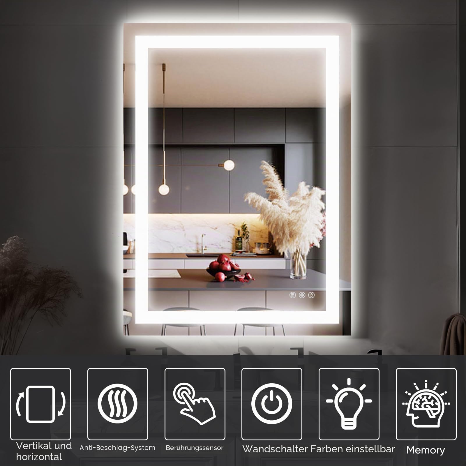 Antok 80x60cm LED Badezimmerspiegel mit Beleuchtung, dimmbarer beschlagfreier Smart-Spiegel mit 3 Farbtemperaturen, hohem CRI >90, Speicherfunktion, bruchsicherem Glas & ETL-Zertifizierung