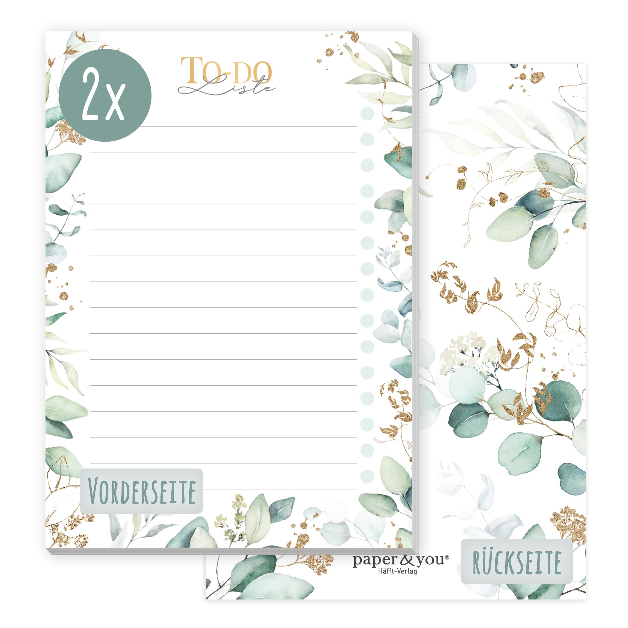 Paper&You® 2X to-do List pad A6 "Gold Leaf" with 50 Tear-Off Sheets, Notepad, Daily Planner, Organizer