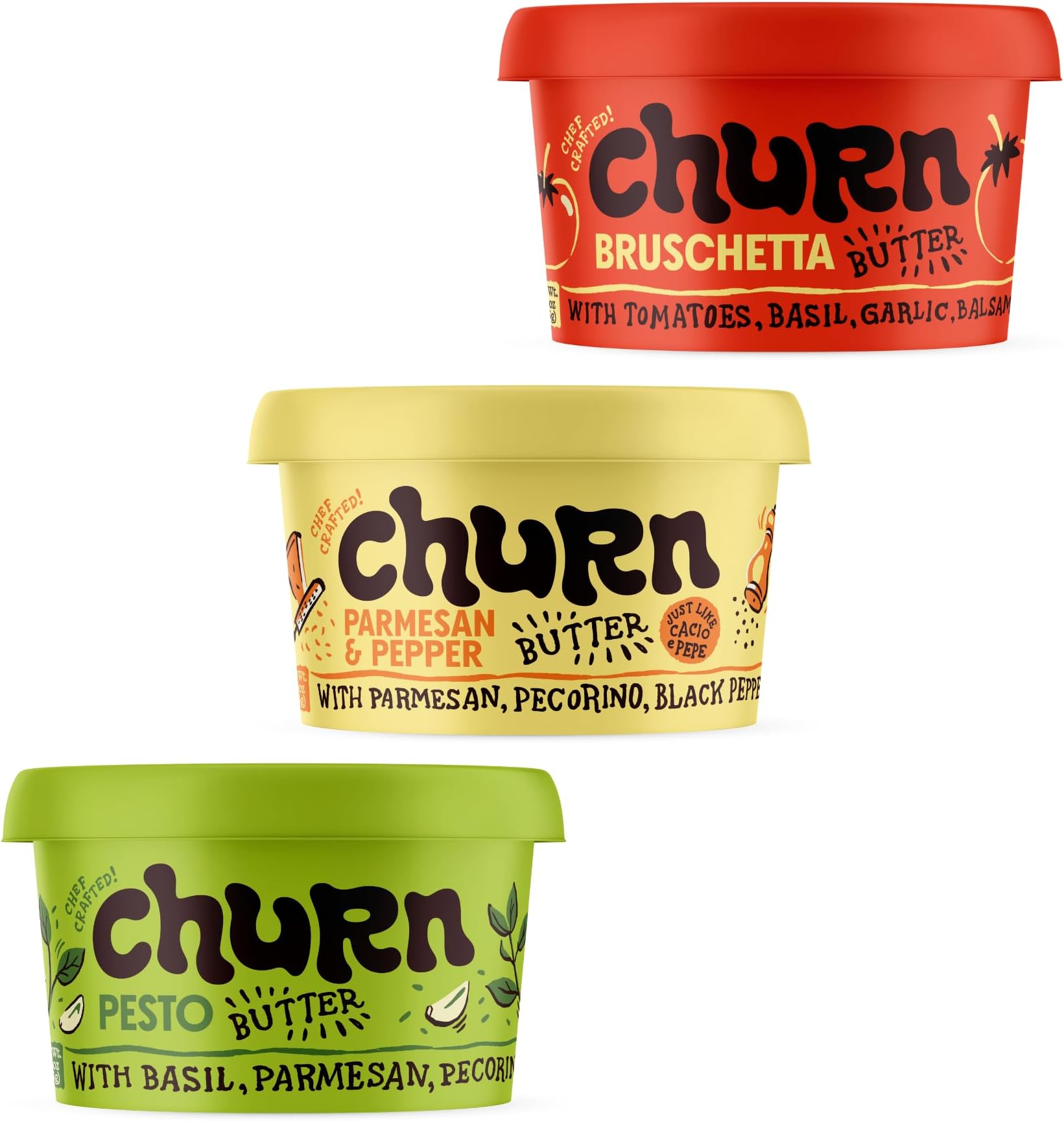 Churn Flavored Butter Pasta Variety Pack Churned with Organic Grass Fed Butter (5.5oz, Pack of 3) - Non-GMO, Hormone-Free, Compound and Finishing Butter